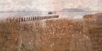 Droombeeld met water, riet en beelden