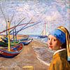 Meisje met parel bij vissersbootjes op het strand van Leo Huijzer