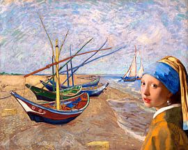 Girl with pearl near fishing boats on the beach