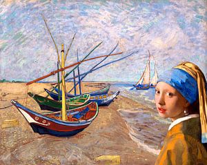 Meisje met parel bij vissersbootjes op het strand van Leo Huijzer