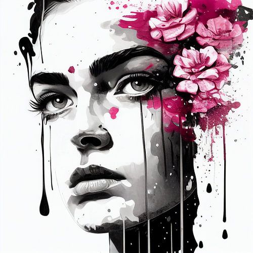 Dame aux fleurs roses