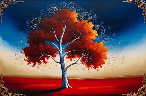 Surrealistische boom in kleurrijk landschap