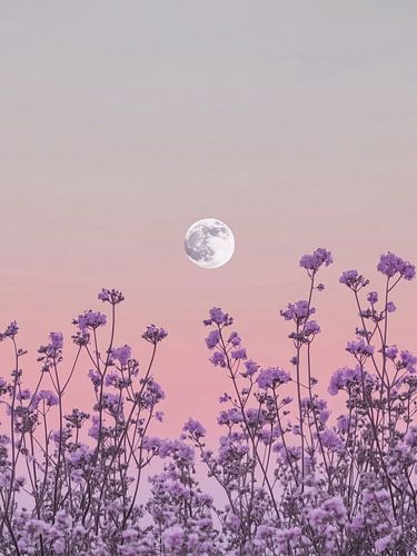 Soft silence: Purple flowers and white moon