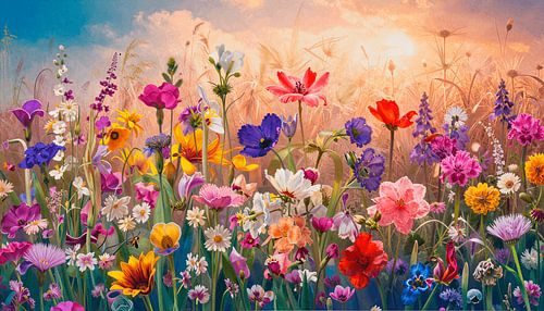 Farbenfrohes Panorama aus Wildblumen bei Sonnenuntergang von Studio Pieternel