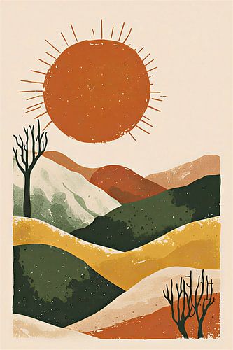 Boho Minimalist Landscape Wall Art, Mid Century Modern Sun and Mountains Print, Terracotta and Sage Green Abstract Nature Poster, Japandi Wall Decor