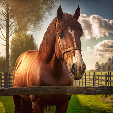 Paard in de wei achter hek van Digital Art Nederland