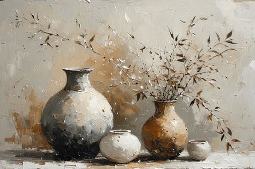 ein stillleben wabi sabi /japandi vasen mit braun grün weißen zweigen