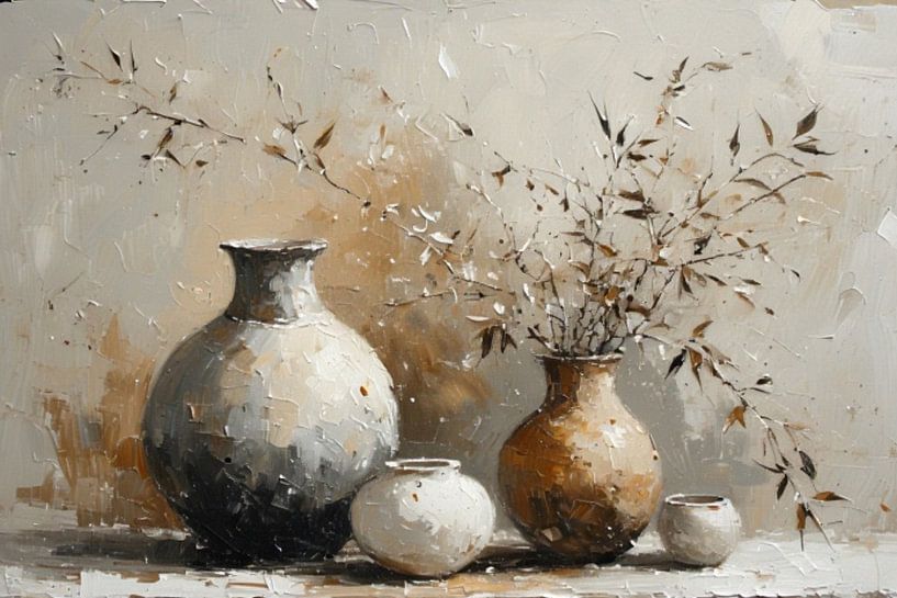 une nature morte de vases wabi sabi /japandi avec des branches brunes, vertes et blanches par J.a Dijkstra