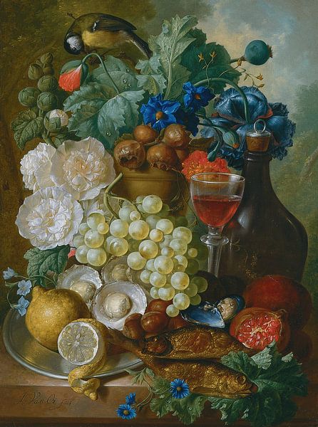 Stillleben mit Früchten und Blumen und mehr, Jan van Os von Meisterhafte Meister