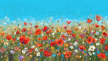 Peinture abstraite colorée avec des coquelicots