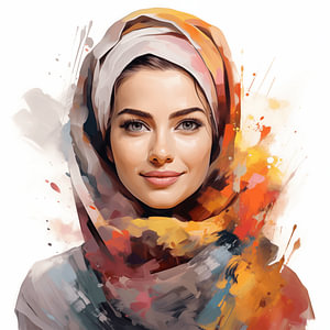 Porträt einer lächelnden muslimischen Frau mit buntem Kopftuch Aquarell-Kunst Design