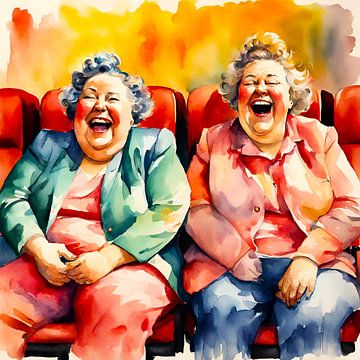 2 sociable ladies laughing in the theatre by De gezellige Dames