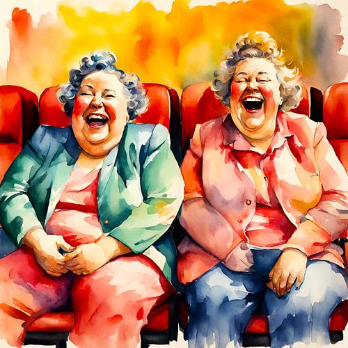 2 gezellige dames lachen in het theater