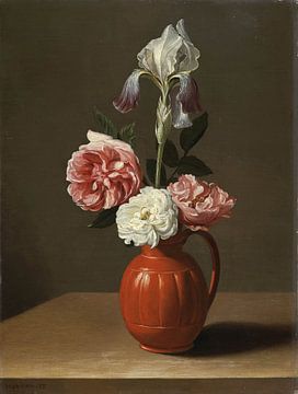 An iris and three roses in an earthenware pot, Jacob Foppens van Es