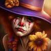 Tranen van dit clownsmeisje met hoed en en zonnebloem van Anne Loos
