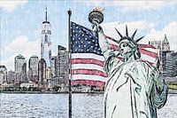 Statue of Liberty with a large american flag and New York skyline in the background