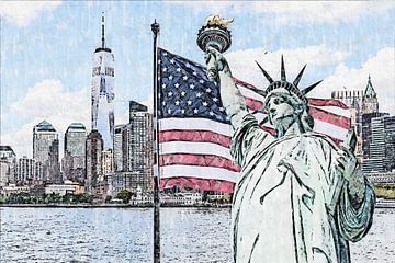 Freiheitsstatue mit großer amerikanischer Flagge und New Yorker Skyline im Hintergrund von Maria Kray