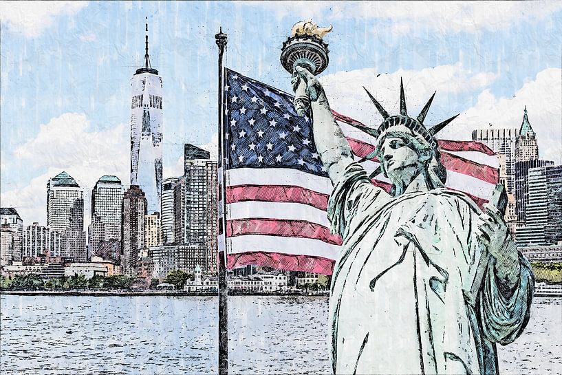 Freiheitsstatue mit großer amerikanischer Flagge und New Yorker Skyline im Hintergrund von Maria Kray