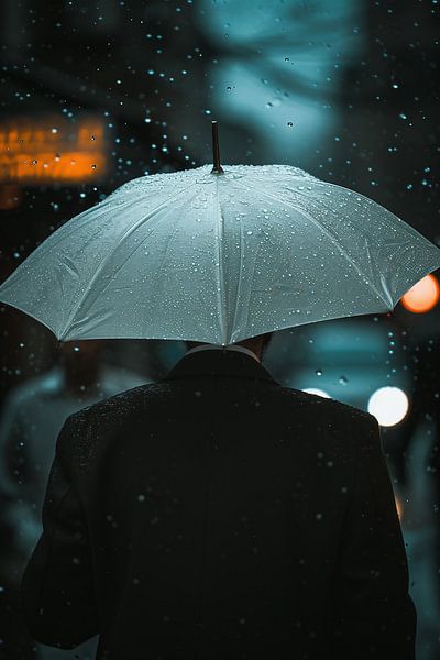 Straatmystiek, man in een regenbui van fernlichtsicht