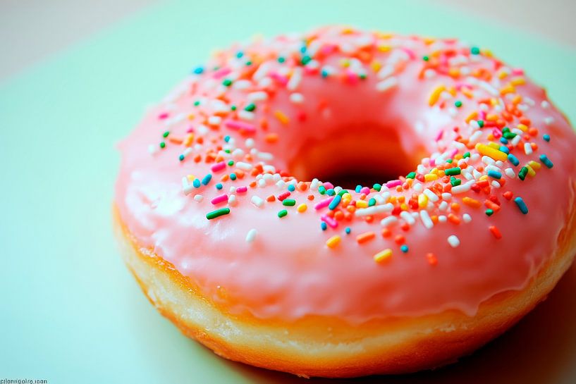 Pink donut with colourful sprinkles by Poster Art Shop