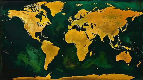 Wereldkaart - Vintage Groen en Geel