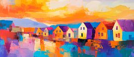 Bunte Häuser am See bei Sonnenuntergang von Poster Art Shop