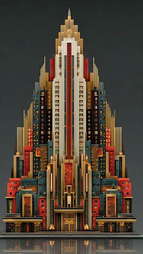 De Crimson Metropolis - Art Deco Wolkenkrabber Illustratie