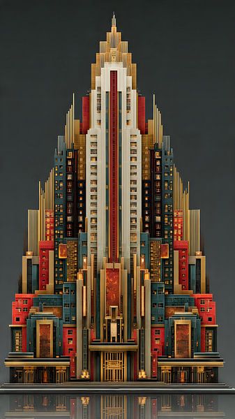 The Crimson Metropolis - Art Deco Skyscraper Illustration by MajesticArts