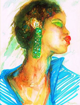 Afrikaanse vrouw met groene oorbel. Aquarel handgeschilderd. van Ineke de Rijk