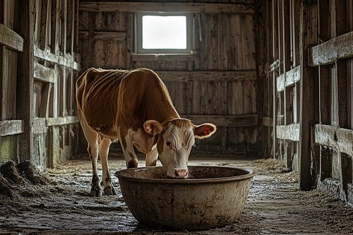 Eenzame koe in oude schuur