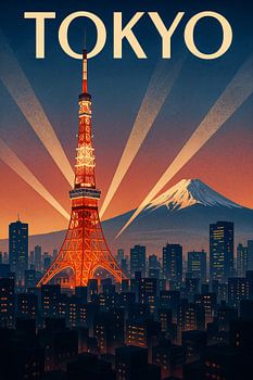 Tokio Tower Glow - Vintage Art Deco Skyline