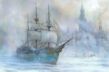 Schilderij van een groot zeilschip,  mysterieus en dromerig,  klassiek, vintage, blauw, grijs van Peter Pen tekeningen en schilderijen