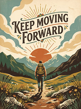 « Continue d'avancer » : graphisme inspirant sur le thème de la randonnée en montagne et du voyage vintage