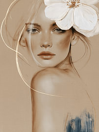 Blooming Grace | Frauenporträt mit weißer Blume in Beige und Gold mit blauen Akzenten von Carla Van Iersel