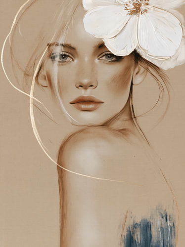 Blooming Grace | Portrait of a woman with a white flower in beige and gold with a blue accent by Carla Van Iersel