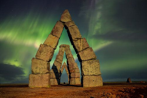 Monumental stone gates in barren landscape, Arctic Henge, Raufar