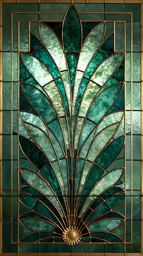 Jade Art Deco Glas-in-Lood Schilderij: Opwaartse Pluim vol Rust