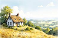 Idyllisch huisje met rieten dak dat uitkijkt over een zonnig valleilandschap van Markus Gann thumbnail