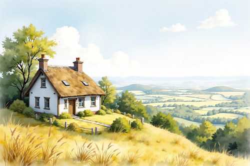 Idyllisch huisje met rieten dak dat uitkijkt over een zonnig valleilandschap