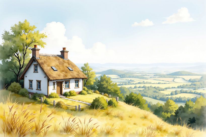 Idyllisch huisje met rieten dak dat uitkijkt over een zonnig valleilandschap van Markus Gann