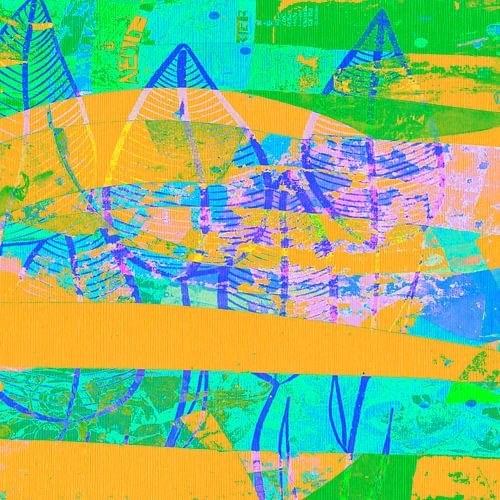 Art mixte botanique abstrait en vert, jaune et bleu