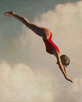 Retro stijl schilderij van een vrouw die in de wolk duikt