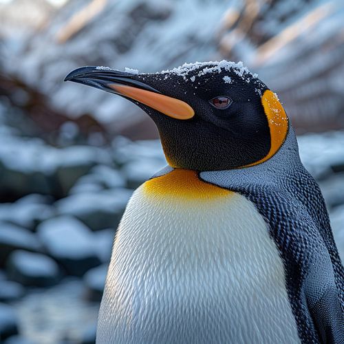 Un manchot royal dans la neige, la tête recouverte de givre