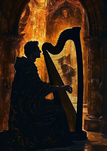 Donker figuur silhouet die harp speelt Abstract