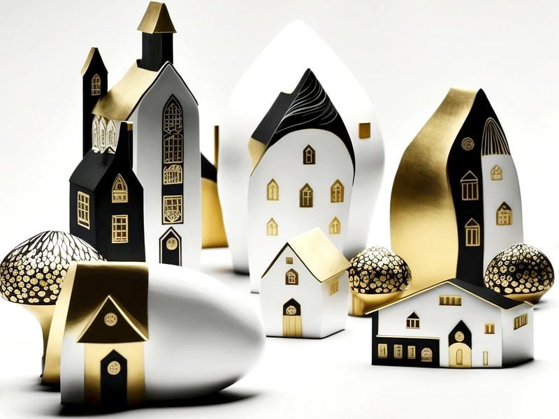 Miniatuur landschap porselein wit zwart goud huizen bomen van gm_designs