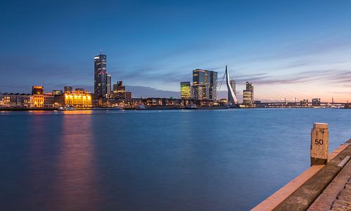 Skyline van Rotterdam in het blauwe uur.