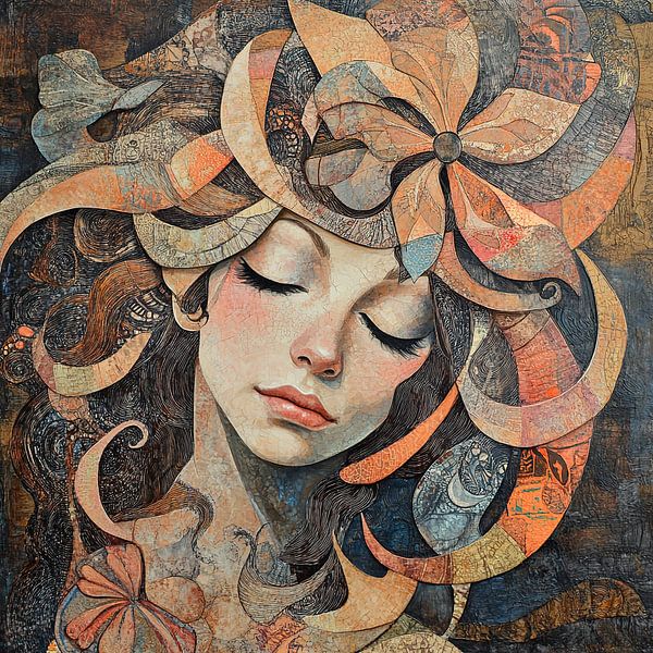 Femme avec fleur | Portrait de femme avec fleur colorée par Caprices d'Art