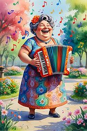 Une dame sociable joue joyeusement de l'accordéon sur De gezellige Dames