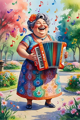 Gezellige dame speelt vrolijk op de accordeon