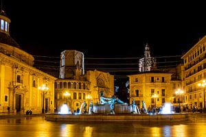 Nachtaufnahme Plaza de la Virgen mit Fuente del Turia in Valencia Spanien
